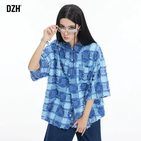 男士中性风复古格子衬衫男短袖夏季潮牌2023新款设计感上衣半截袖商品大图