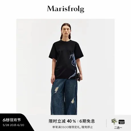 【艺术家灵感】玛丝菲尔夏圆领欧姬芙黑色宽松T恤上衣女图片