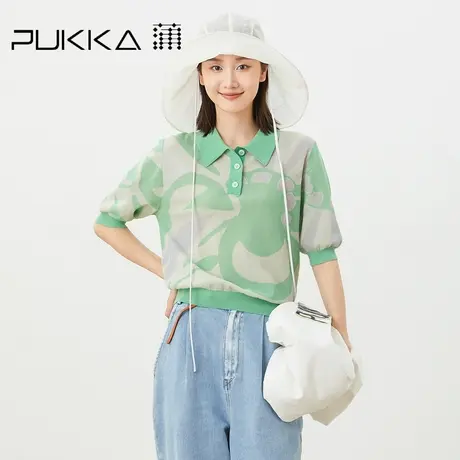 蒲PUKKA女装2023春夏新品撞色花型舒适显瘦休闲翻领Polo针织衫商品大图