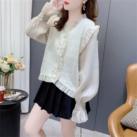 春季双排扣甜美拼接针织开衫女2023年新款韩版设计感洋气雪纺上衣商品大图