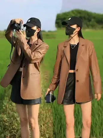 2023秋季新款中长款黑色皮衣西装外套女宽松PU皮高级感炸街西服女图片