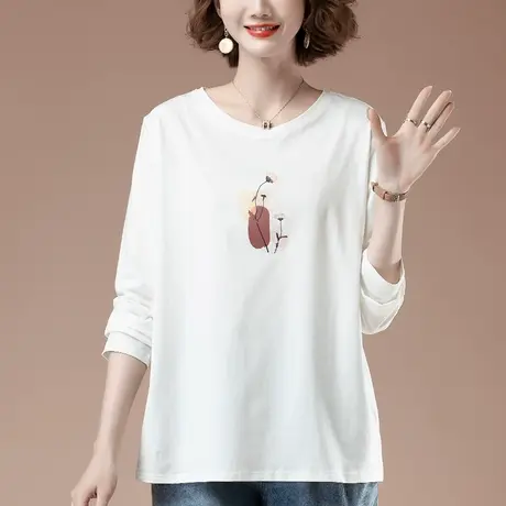 长袖t恤女春秋新款加肥加大码女装宽松纯棉印花遮肚子显瘦打底衫商品大图