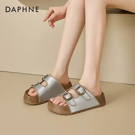 Daphne/达芙妮2025新款时尚厚底一字拖鞋女复古刺绣扣带休闲凉拖图片