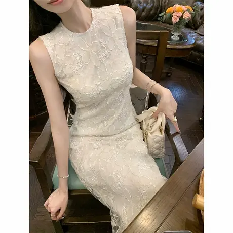 韩语琳 6/30 法式复古白色无袖蕾丝连衣裙女夏季重工钩花气质长裙图片