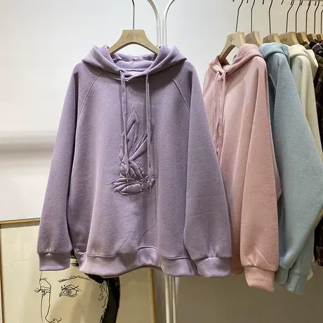 春季减龄个性菱形刺绣兔子连帽插肩长袖卫衣女宽松帽衫外套上衣潮商品大图