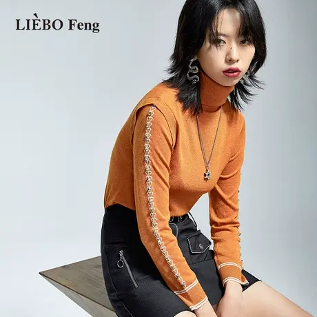 B裂帛LIEBOFeng设计师品牌chic百搭高领OL通勤简约橙色柔软针织衫商品大图