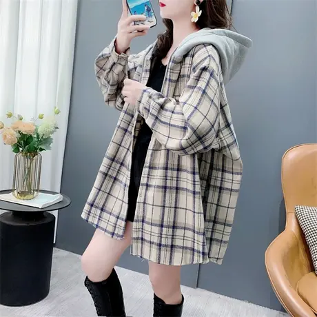 中长款卫衣帽拼接格子衬衫女秋冬2024年新款宽松休闲显瘦外套上衣图片