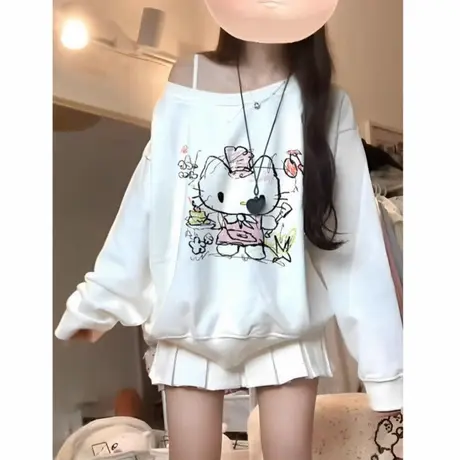 秋季新款kt猫印花斜领露肩卫衣女独特别致白色学生甜妹上衣纯欲风商品大图