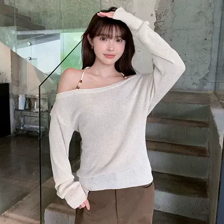 尔给宽松一字领针织衫女秋冬长袖毛衣是衣商品大图