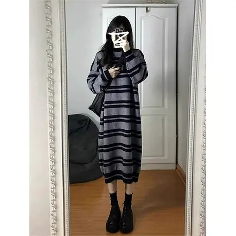 条纹针织连衣裙女春秋冬2023新款垂坠感长袖宽松温柔风显瘦长裙子图片