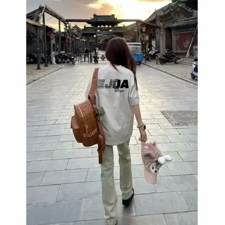美式高街潮牌复古重磅情侣短袖t恤女韩版宽松小众设计感上衣百搭商品大图