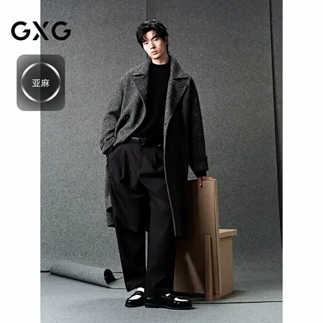 GXG男装 定织亚麻羊毛混纺双排扣经典柴斯特长款大衣25年冬季新品商品大图