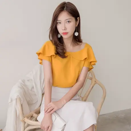 桔熊夏季通勤气质方领拼接荷叶边短袖雪纺衫上衣女大码AB10607图片