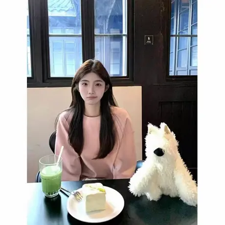 韩系松弛感粉色圆领卫衣女早秋2025新款oversize宽松慵懒长袖上衣商品大图