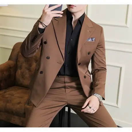 双排扣西装套装时尚高级感纯色西服两件套男装西服套装商务正装商品大图