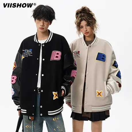 VIISHOW潮牌拼接撞色毛巾绣棒球服外套男女美式重磅宽松情侣夹克图片