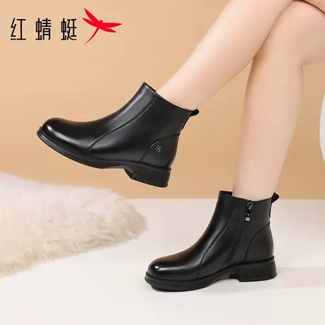 红蜻蜓冬季女鞋女士靴子女短靴真皮加绒保暖加厚高帮棉靴牛皮皮靴商品大图