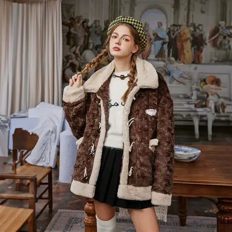 2023冬季新款毛茸茸棉服女加厚拼接外套潮牌复古宽松oversize棉衣商品大图