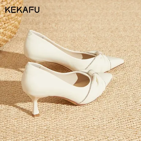 珂卡芙法式高跟鞋女2023新款秋季细跟高级感白色浅口单鞋百搭女鞋图片