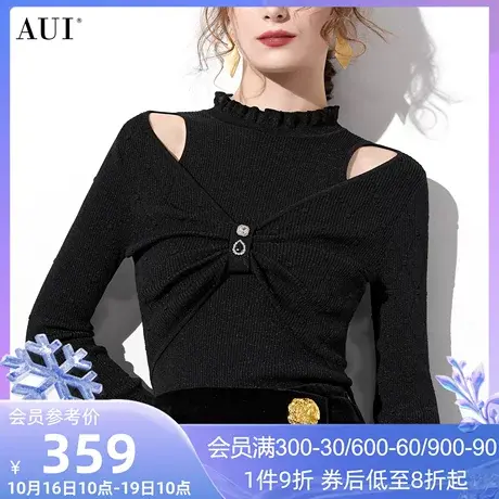 AUI黑色修身保暖打底毛衣女冬2023新款气质别致镂空长袖内搭上衣图片