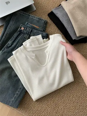 设计感小V领打底衫女高品质加厚宽松长袖T恤秋冬内搭纯色百搭上衣商品大图