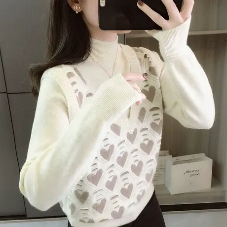 半高领针织衫女秋冬季新款假两件套头毛衣洋气爱心上衣宽松打底衫商品大图