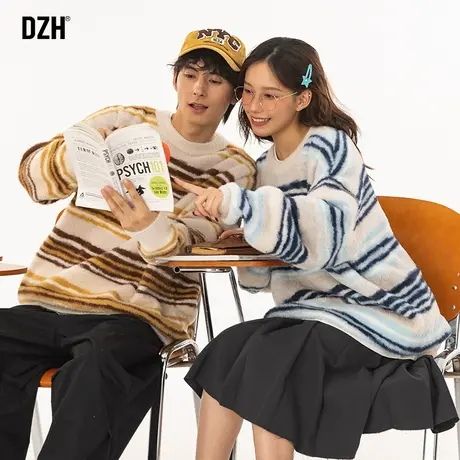 情侣条纹毛衣男圆领冬季加厚休闲套头针织衫宽松情侣装2023新款潮商品大图