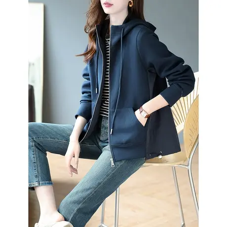 宝诗黎连帽棉质拼接拉链开衫上衣女2023秋季新款长袖宽松短款外套商品大图