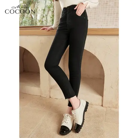 missCOCOON黑色弹力牛仔裤女2023新款春秋高腰显瘦紧身九分小脚裤图片