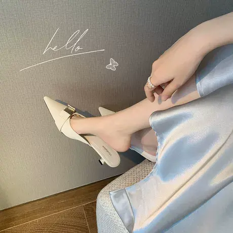 半托鞋凉拖鞋女细跟蒿级小金扣法式气质优雅尖头浅口细高跟单鞋女图片