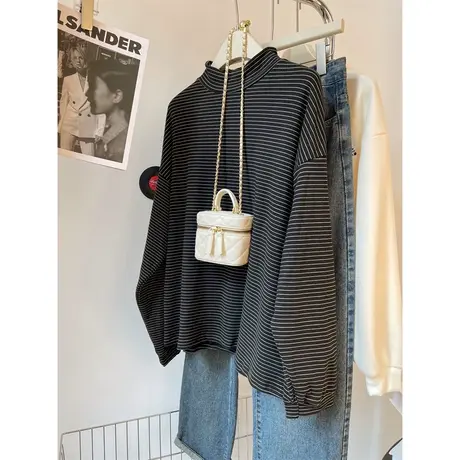 欧货大码宽松打底衫女秋冬德绒加绒加厚长袖T恤半高领条纹上衣潮商品大图