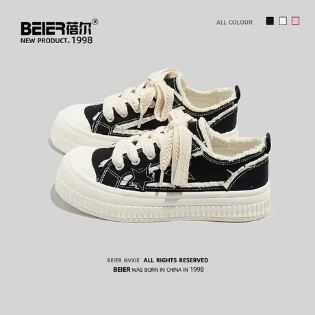 蓓尔磨毛帆布鞋女2023夏季新款港风chic板鞋子原创星星百搭小白鞋商品大图