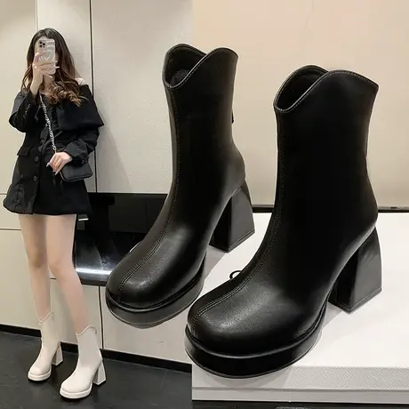 法式白色小短靴女2023年秋冬新款高跟鞋瘦瘦靴粗跟爆款厚底马丁靴商品大图