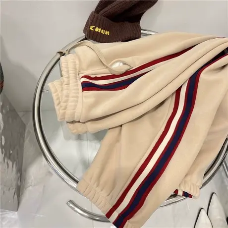 撞色条纹束脚哈伦裤女秋冬韩版百搭加绒加厚松紧腰休闲运动阔腿裤图片