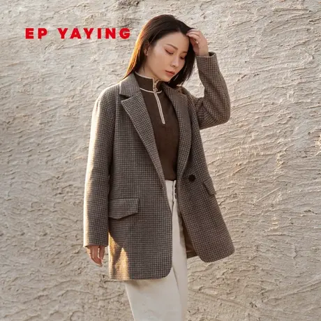 [牦牛绒]EP雅莹女装 千鸟格绵羊毛直筒大衣外套 商场同款8515A图片