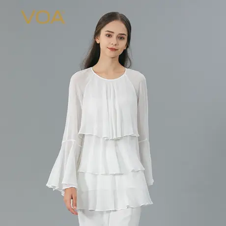 VOA栀子白100%纯桑蚕丝圆领喇叭长袖系带甜美蛋糕乔其真丝T恤衫图片