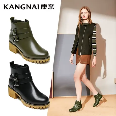 清仓康奈官方女鞋复古粗跟皮靴真皮休闲百搭短筒靴子女防滑时尚靴商品大图