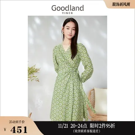 Goodland美地女装2023春季印花打褶设计感长款茶歇连衣裙图片