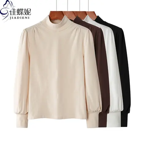 秋冬新款韩版半高领纯色双面德绒泡泡袖宽松长袖体恤上衣内搭女装商品大图
