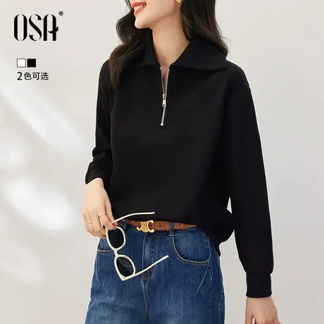 OSA欧莎黑色polo领加绒卫衣女秋冬2023年新款显瘦套头短款上衣商品大图
