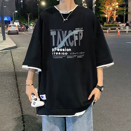 假两件圆领短袖T恤男夏季港风男装五分袖体恤宽松潮流情侣上衣服商品大图
