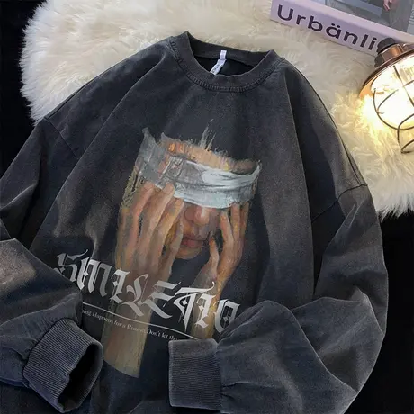 复古水洗长袖t恤男2024新款春秋季宽松印花内搭上衣服潮牌打底衫商品大图