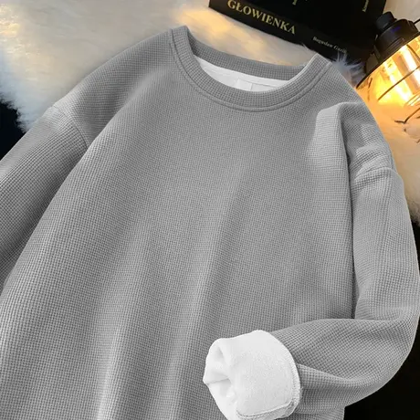 美式重磅华夫格圆领卫衣男秋冬款加绒加厚长袖t恤保暖无帽上衣服商品大图