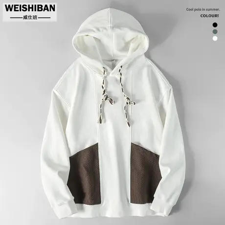 秋季日系口袋结构拼接撞色连帽卫衣男潮牌小众设计休闲套头上衣服图片