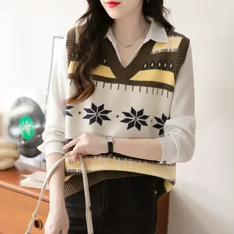 叠穿复古V领费尔岛针织马甲背心女春秋2024新款毛衣坎肩上衣马夹商品大图