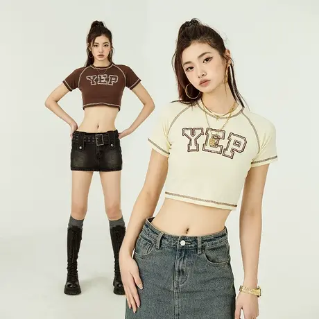 YEP复古字母印花短袖t恤女2024新款设计感辣妹修身短款半袖ins潮商品大图