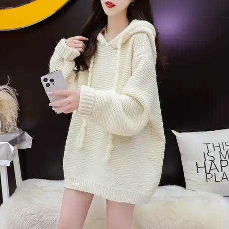 宽松慵懒风连帽毛衣女2024新款春季爆款洋气减龄网红复古港味上衣图片