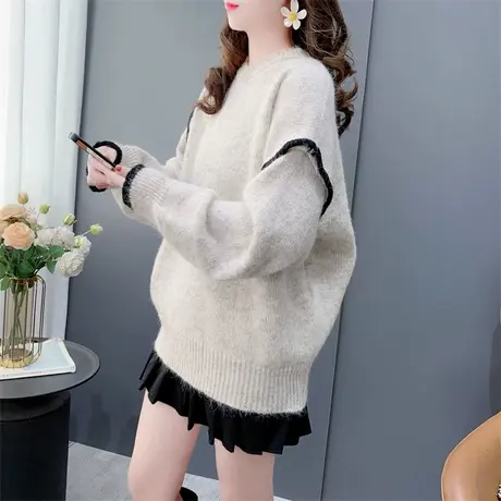 慵懒风软糯圆领套头毛衣女秋冬2023新款宽松加厚内搭针织打底上衣商品大图