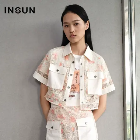 恩裳春季蕾丝衫勾花镂空翻领透视短商品大图