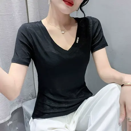女装2024新款潮网红V领T恤ins夏季性感洋气百搭上衣修身显瘦小衫商品大图